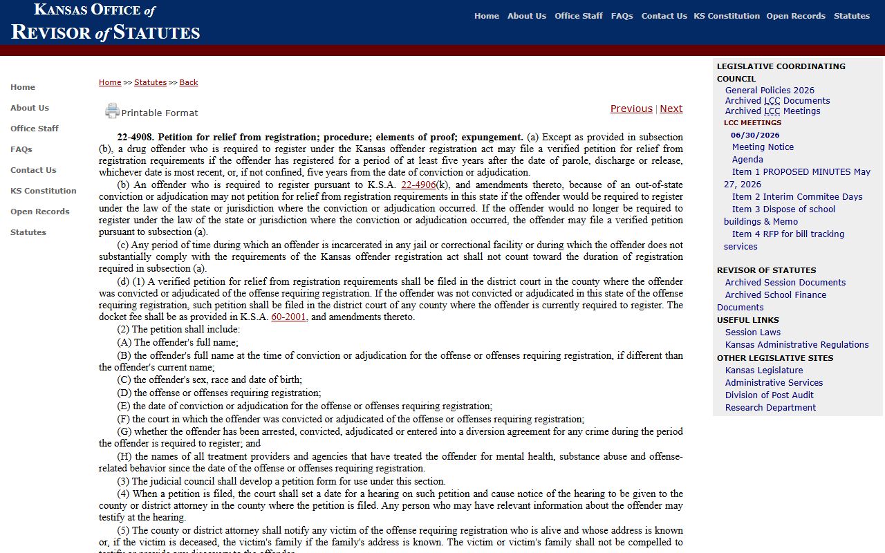 Mitchell County arrest records Kansas registration relief statute