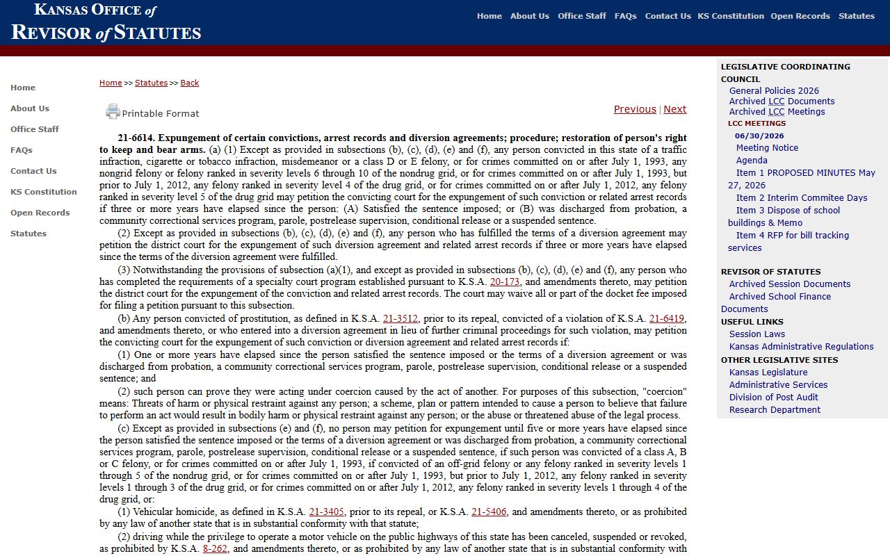 Mitchell County criminal court records Kansas adult expungement statute