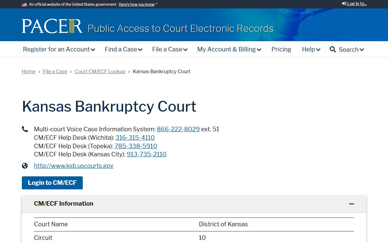 PACER lookup page for Kansas Bankruptcy Court