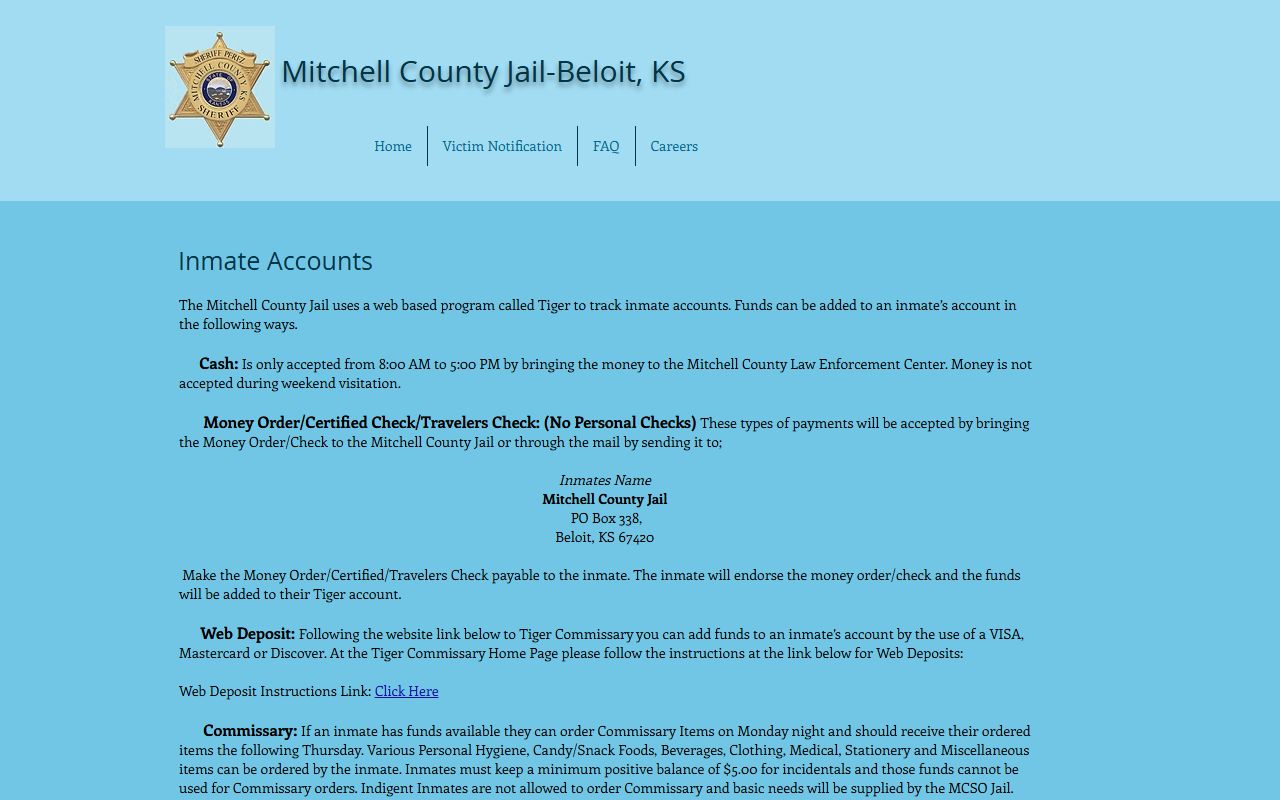 Mitchell County Jail inmate accounts and commissary information