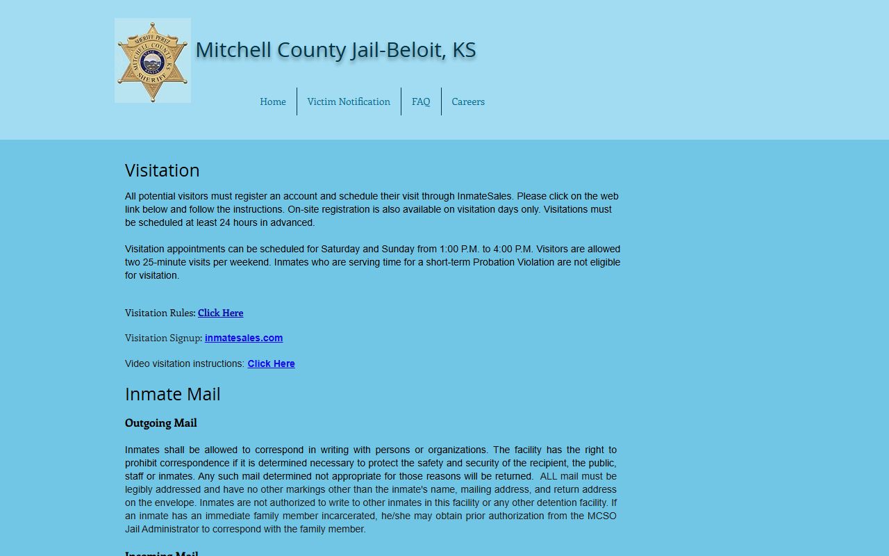 Mitchell County Jail visitation, mail, and phone rules page