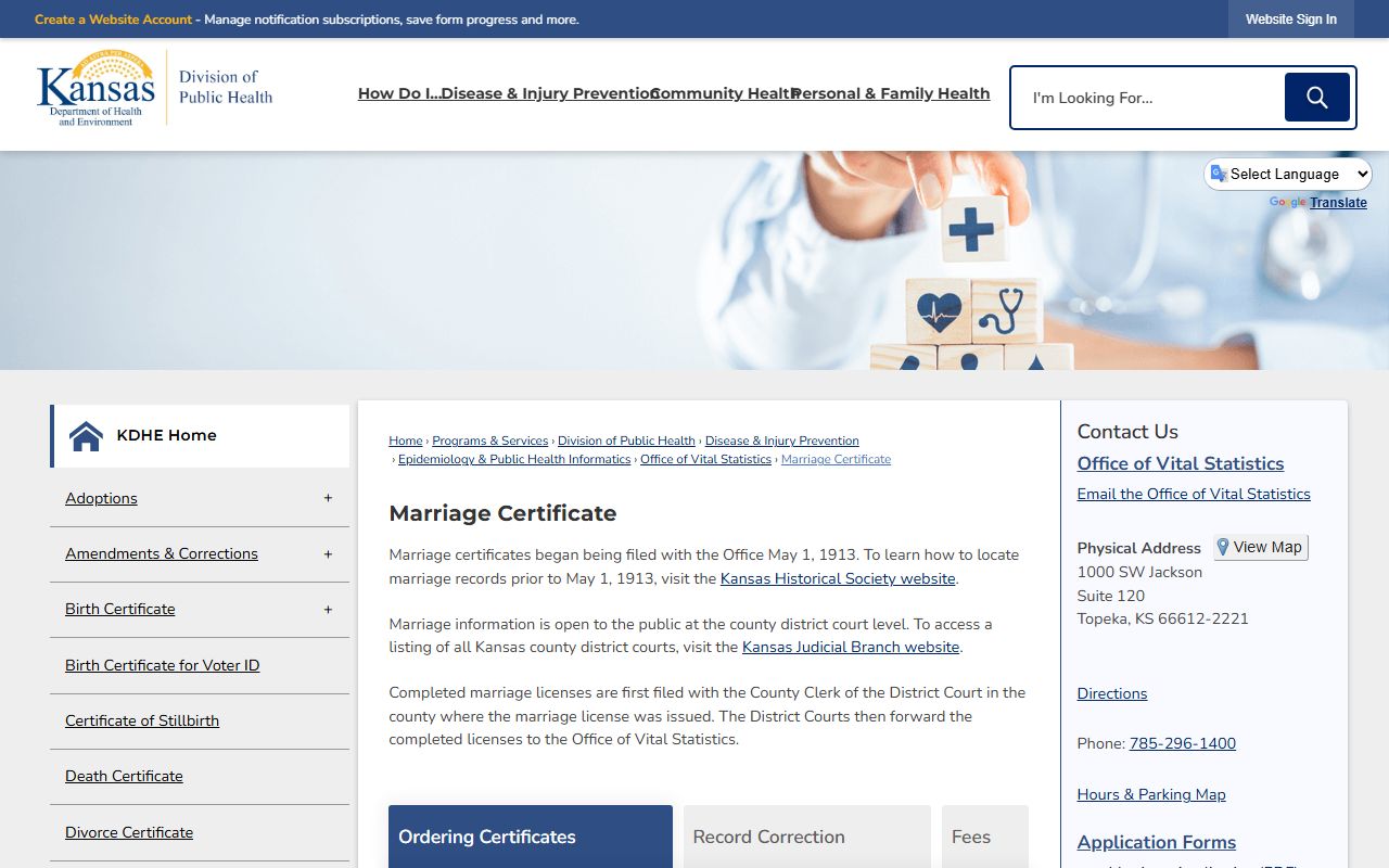 Mitchell County marriage records KDHE certificate ordering page