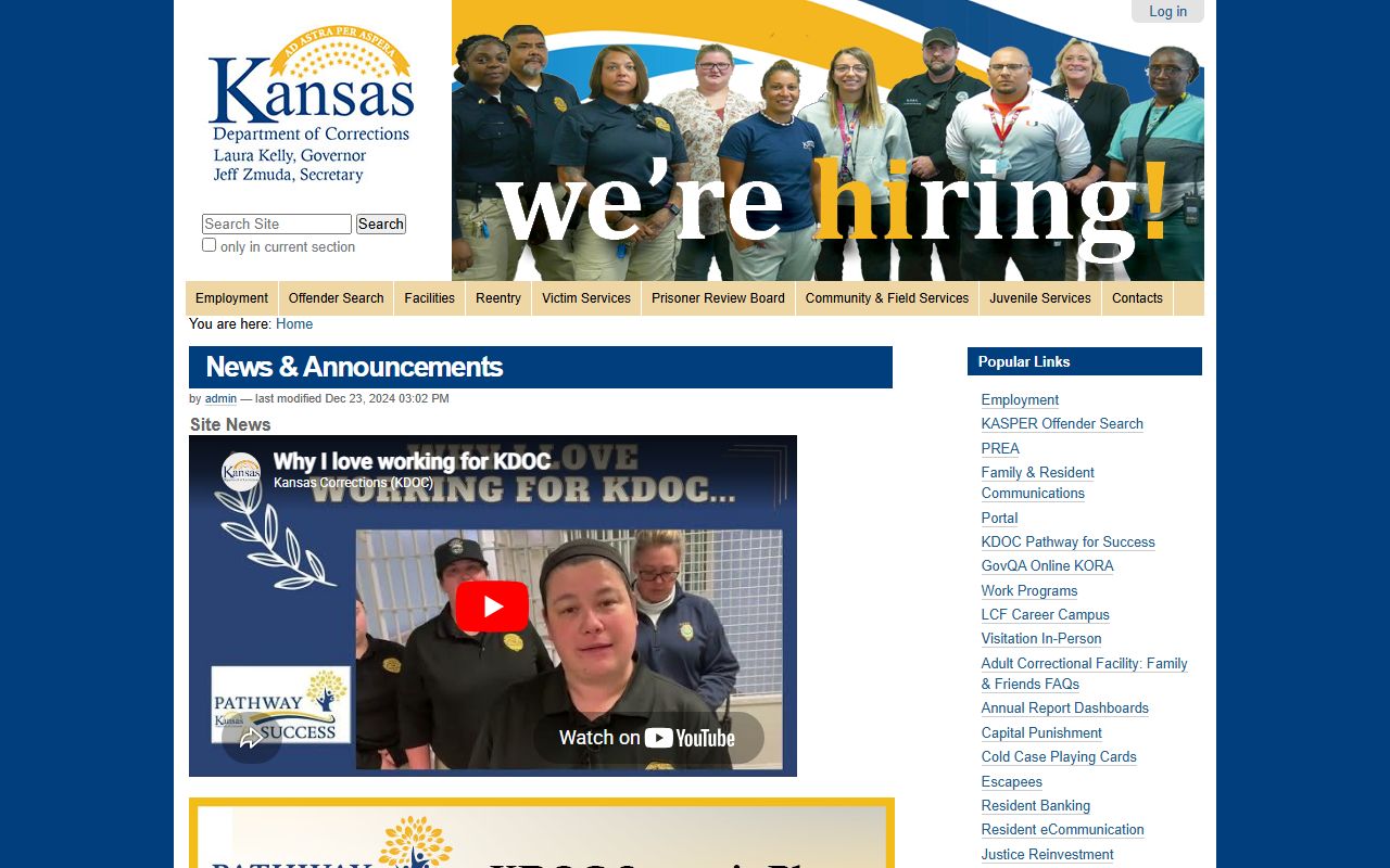 Kansas Department of Corrections page used as a contrast to traffic court records