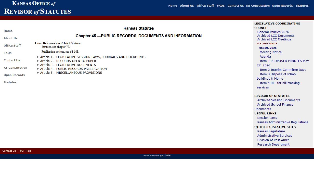 Kansas Open Records Act statutes page