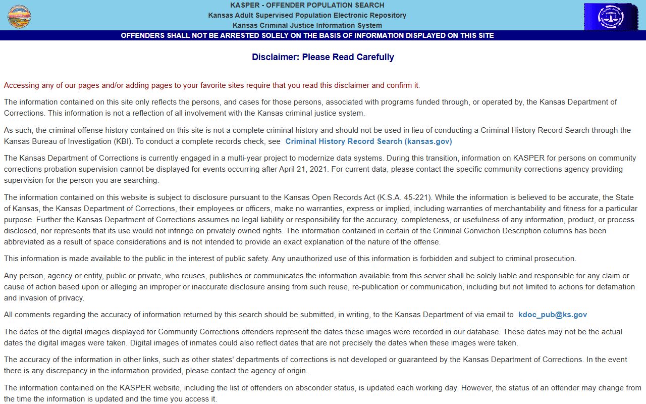 KDOC KASPER disclaimer page explaining offender search limits