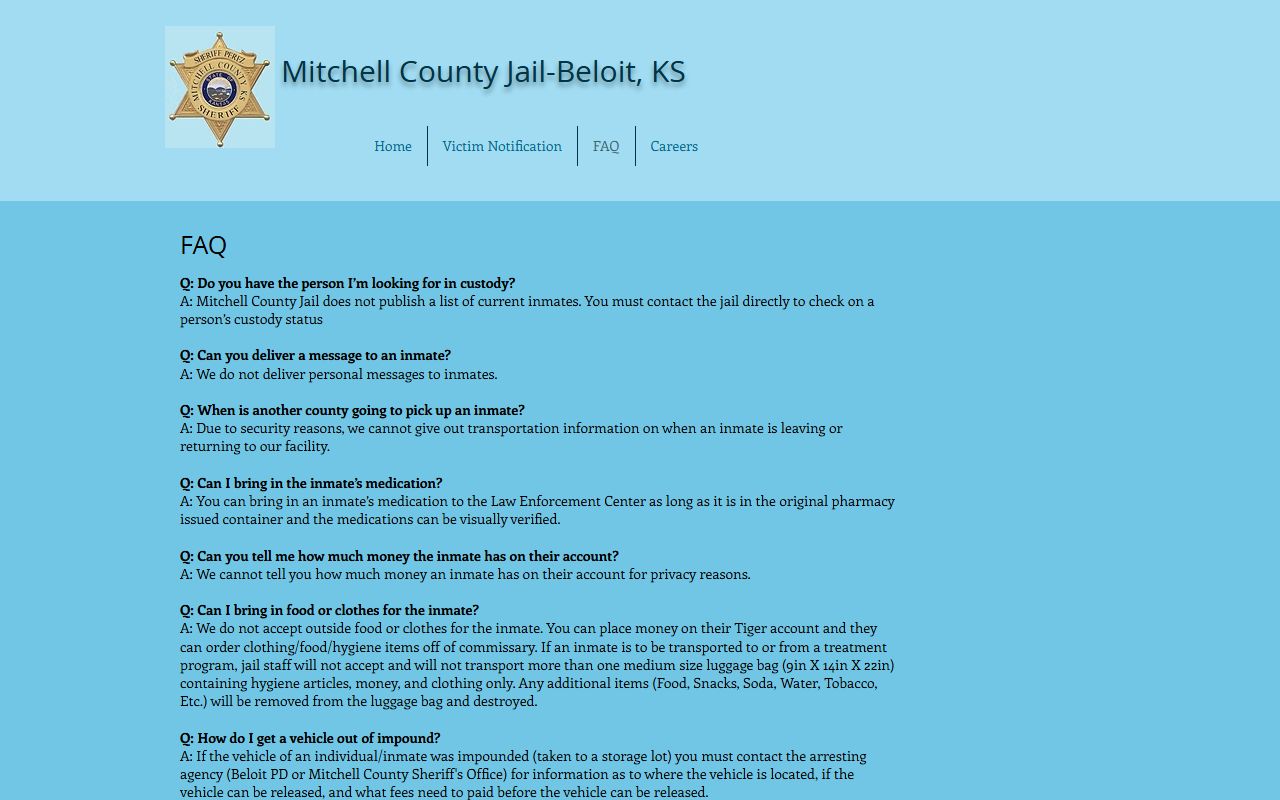 Mitchell County Jail FAQ stating that no current inmate list is published