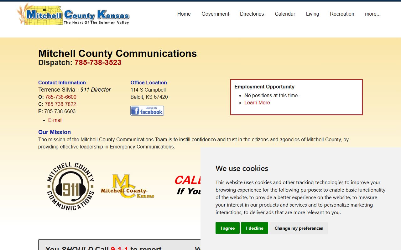 Mitchell County Communications page describing emergency and administrative calls